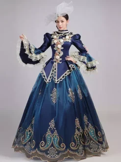 Blue Retro Tudor Dress Costumes Women's Lace Ruffles Polyester Tunic Headwear Dress Marie Antoinette Costume Royal Party Prom Dress