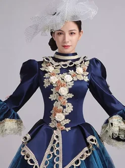 Blue Retro Tudor Dress Costumes Women's Lace Ruffles Polyester Tunic Headwear Dress Marie Antoinette Costume Royal Party Prom Dress