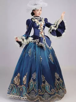 Blue Retro Tudor Dress Costumes Women's Lace Ruffles Polyester Tunic Headwear Dress Marie Antoinette Costume Royal Party Prom Dress