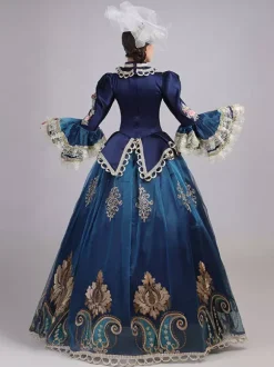 Blue Retro Tudor Dress Costumes Women's Lace Ruffles Polyester Tunic Headwear Dress Marie Antoinette Costume Royal Party Prom Dress