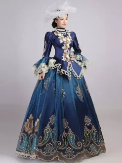 Blue Retro Tudor Dress Costumes Women's Lace Ruffles Polyester Tunic Headwear Dress Marie Antoinette Costume Royal Party Prom Dress