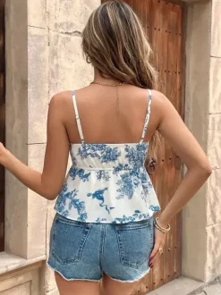 Blue Cami Top Straps Neck Lace Up Backless Chic Printed Women Camis