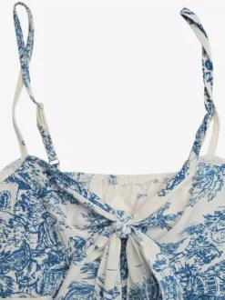 Blue Cami Top Straps Neck Lace Up Backless Chic Printed Women Camis
