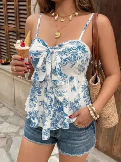 Blue Cami Top Straps Neck Lace Up Backless Chic Printed Women Camis