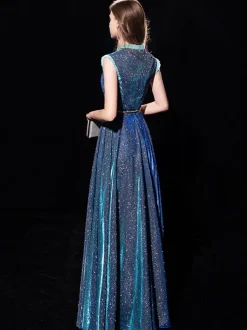 Blue Evening Dress 2026 Ball Gown Jewel Neck Sequined Floor-Length Sash Formal Dresses Wedding Guest Dresses