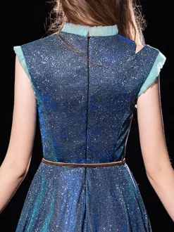 Blue Evening Dress 2026 Ball Gown Jewel Neck Sequined Floor-Length Sash Formal Dresses Wedding Guest Dresses