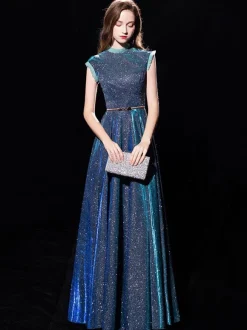 Blue Evening Dress 2026 Ball Gown Jewel Neck Sequined Floor-Length Sash Formal Dresses Wedding Guest Dresses