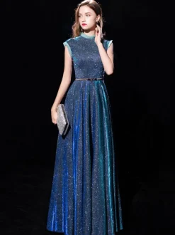Blue Evening Dress 2026 Ball Gown Jewel Neck Sequined Floor-Length Sash Formal Dresses Wedding Guest Dresses