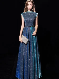 Blue Evening Dress 2026 Ball Gown Jewel Neck Sequined Floor-Length Sash Formal Dresses Wedding Guest Dresses