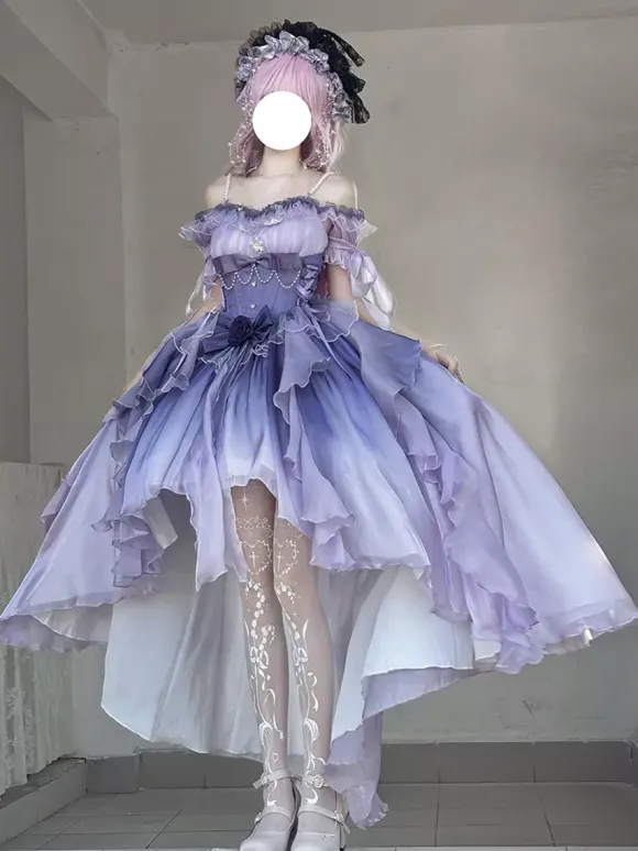Blue Fairy Lolita Dress High Low Dress Sweet Bows Off-the-Shoulder Back Bandage Ruffles Lolita Dress