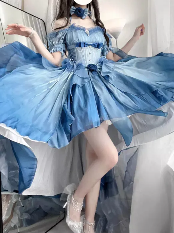 Blue Fairy Lolita Dress High Low Dress Sweet Bows Off-the-Shoulder Back Bandage Ruffles Lolita Dress
