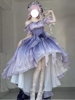 Blue Fairy Lolita Dress High Low Dress Sweet Bows Off-the-Shoulder Back Bandage Ruffles Lolita Dress