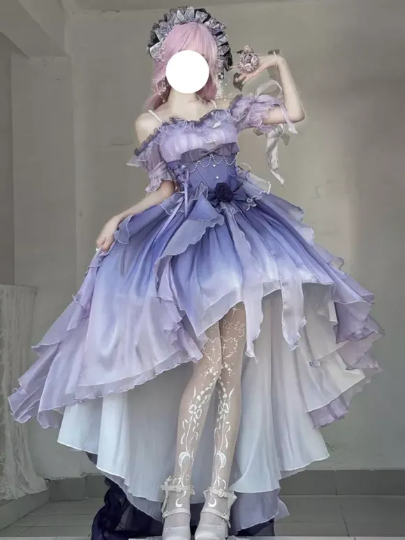 Blue Fairy Lolita Dress High Low Dress Sweet Bows Off-the-Shoulder Back Bandage Ruffles Lolita Dress