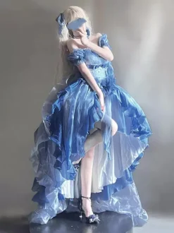Blue Fairy Lolita Dress High Low Dress Sweet Bows Off-the-Shoulder Back Bandage Ruffles Lolita Dress