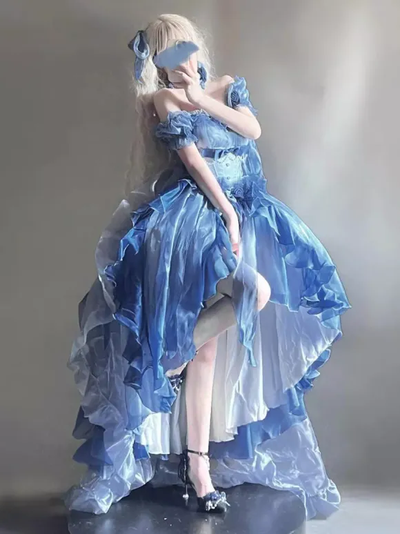 Blue Fairy Lolita Dress High Low Dress Sweet Bows Off-the-Shoulder Back Bandage Ruffles Lolita Dress
