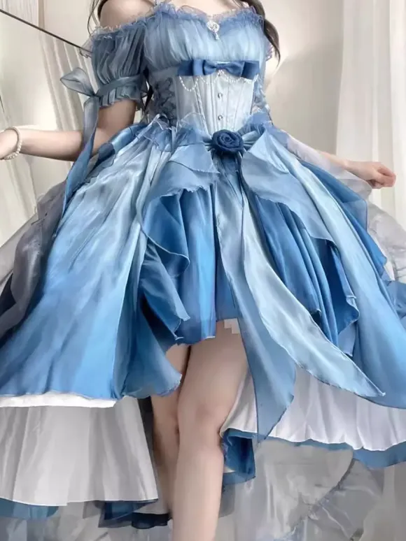 Blue Fairy Lolita Dress High Low Dress Sweet Bows Off-the-Shoulder Back Bandage Ruffles Lolita Dress