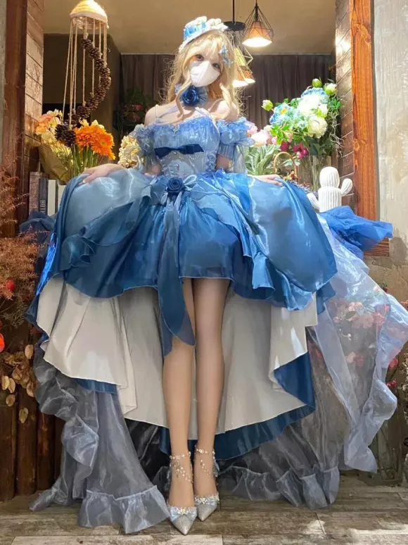 Blue Fairy Lolita Dress High Low Dress Sweet Bows Off-the-Shoulder Back Bandage Ruffles Lolita Dress