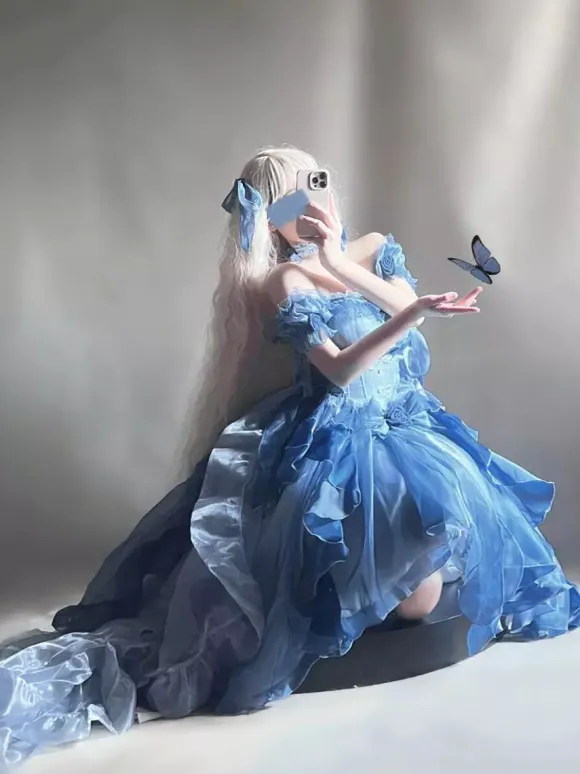 Blue Fairy Lolita Dress High Low Dress Sweet Bows Off-the-Shoulder Back Bandage Ruffles Lolita Dress