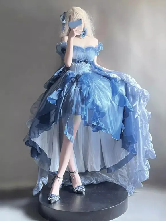 Blue Fairy Lolita Dress High Low Dress Sweet Bows Off-the-Shoulder Back Bandage Ruffles Lolita Dress