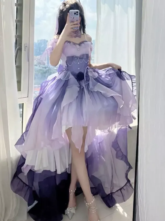Blue Fairy Lolita Dress High Low Dress Sweet Bows Off-the-Shoulder Back Bandage Ruffles Lolita Dress
