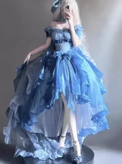 Blue Fairy Lolita Dress High Low Dress Sweet Bows Off-the-Shoulder Back Bandage Ruffles Lolita Dress