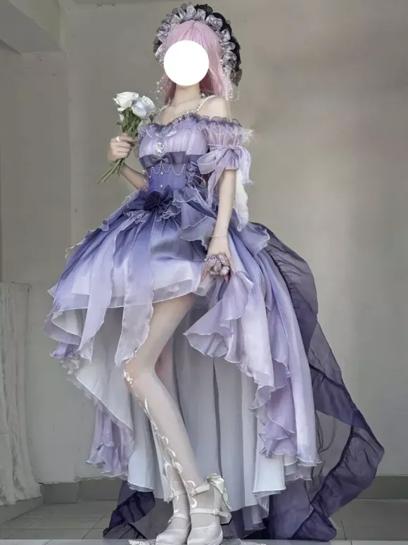 Blue Fairy Lolita Dress High Low Dress Sweet Bows Off-the-Shoulder Back Bandage Ruffles Lolita Dress