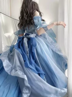 Blue Fairy Lolita Dress High Low Dress Sweet Bows Off-the-Shoulder Back Bandage Ruffles Lolita Dress