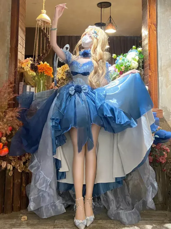Blue Fairy Lolita Dress High Low Dress Sweet Bows Off-the-Shoulder Back Bandage Ruffles Lolita Dress