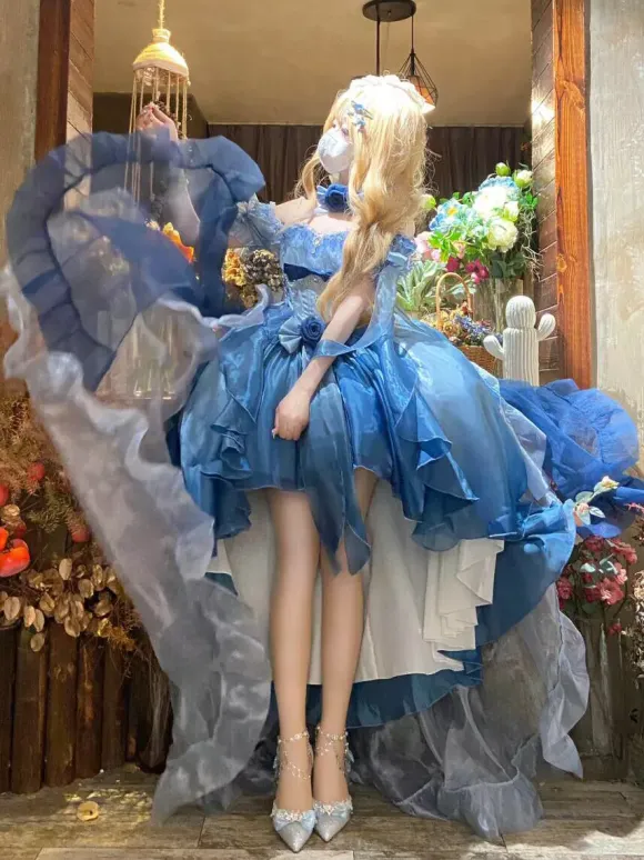 Blue Fairy Lolita Dress High Low Dress Sweet Bows Off-the-Shoulder Back Bandage Ruffles Lolita Dress