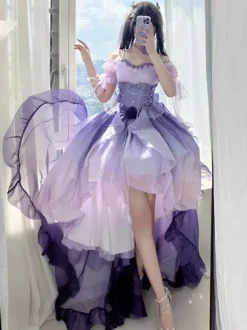 Blue Fairy Lolita Dress High Low Dress Sweet Bows Off-the-Shoulder Back Bandage Ruffles Lolita Dress