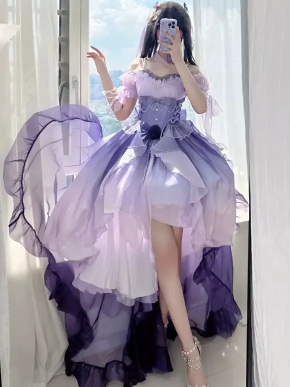 Blue Fairy Lolita Dress High Low Dress Sweet Bows Off-the-Shoulder Back Bandage Ruffles Lolita Dress