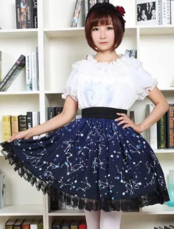 Blue Lolita Dress Sweet Constellation Printed Lolita Skirt With Black Lace Trim