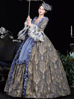 Blue Retro Costumes Ruffles Polyester Jacquard Marie Antoinette Costume Dress Women's Retro 18th Century Costume