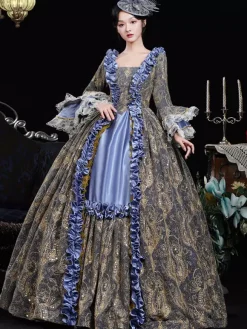 Blue Retro Costumes Ruffles Polyester Jacquard Marie Antoinette Costume Dress Women's Retro 18th Century Costume