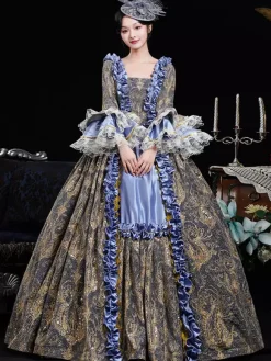 Blue Retro Costumes Ruffles Polyester Jacquard Marie Antoinette Costume Dress Women's Retro 18th Century Costume