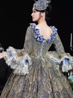 Blue Retro Costumes Ruffles Polyester Jacquard Marie Antoinette Costume Dress Women's Retro 18th Century Costume