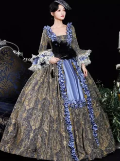Blue Retro Costumes Ruffles Polyester Jacquard Marie Antoinette Costume Dress Women's Retro 18th Century Costume