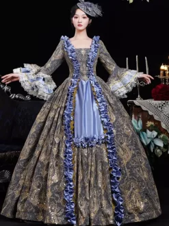 Blue Retro Costumes Ruffles Polyester Jacquard Marie Antoinette Costume Dress Women's Retro 18th Century Costume