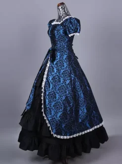 Blue Retro Costumes Women's Floral Print Ruffles Polyester Marie Antoinette Costume Set Dress Retro Masquerade Ball Gown