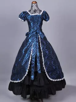 Blue Retro Costumes Women's Floral Print Ruffles Polyester Marie Antoinette Costume Set Dress Retro Masquerade Ball Gown