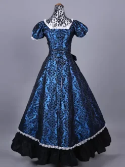 Blue Retro Costumes Women's Floral Print Ruffles Polyester Marie Antoinette Costume Set Dress Retro Masquerade Ball Gown