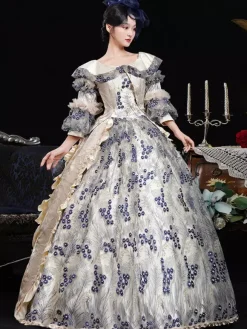 Blue Retro Costumes Women's Floral Print Ruffles Flowers Polyester Marie Antoinette Costume Dress Headwear Retro Vintage Clothing