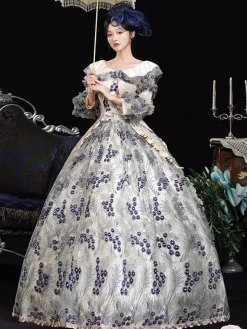Blue Retro Costumes Women's Floral Print Ruffles Flowers Polyester Marie Antoinette Costume Dress Headwear Retro Vintage Clothing