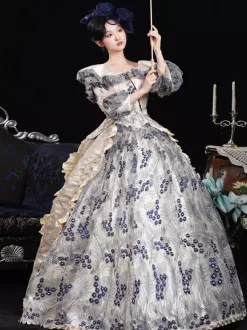 Blue Retro Costumes Women's Floral Print Ruffles Flowers Polyester Marie Antoinette Costume Dress Headwear Retro Vintage Clothing