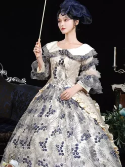 Blue Retro Costumes Women's Floral Print Ruffles Flowers Polyester Marie Antoinette Costume Dress Headwear Retro Vintage Clothing