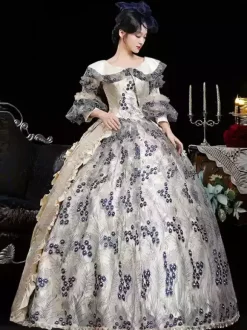 Blue Retro Costumes Women's Floral Print Ruffles Flowers Polyester Marie Antoinette Costume Dress Headwear Retro Vintage Clothing