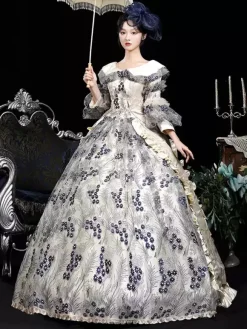 Blue Retro Costumes Women's Floral Print Ruffles Flowers Polyester Marie Antoinette Costume Dress Headwear Retro Vintage Clothing