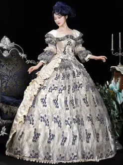 Blue Retro Costumes Women's Floral Print Ruffles Flowers Polyester Marie Antoinette Costume Dress Headwear Retro Vintage Clothing