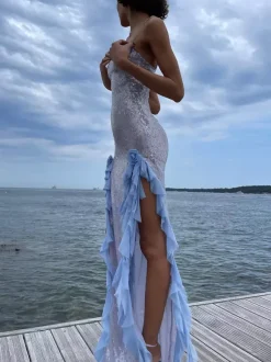 Blue Sequin Bodycon Sheer Long Slip Dress With Ruffled High Slit 2026