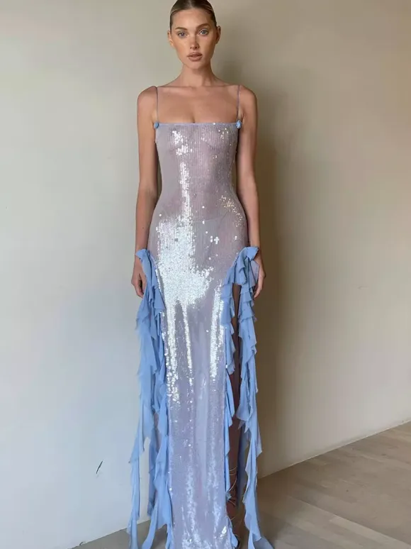 Blue Sequin Bodycon Sheer Long Slip Dress With Ruffled High Slit 2026